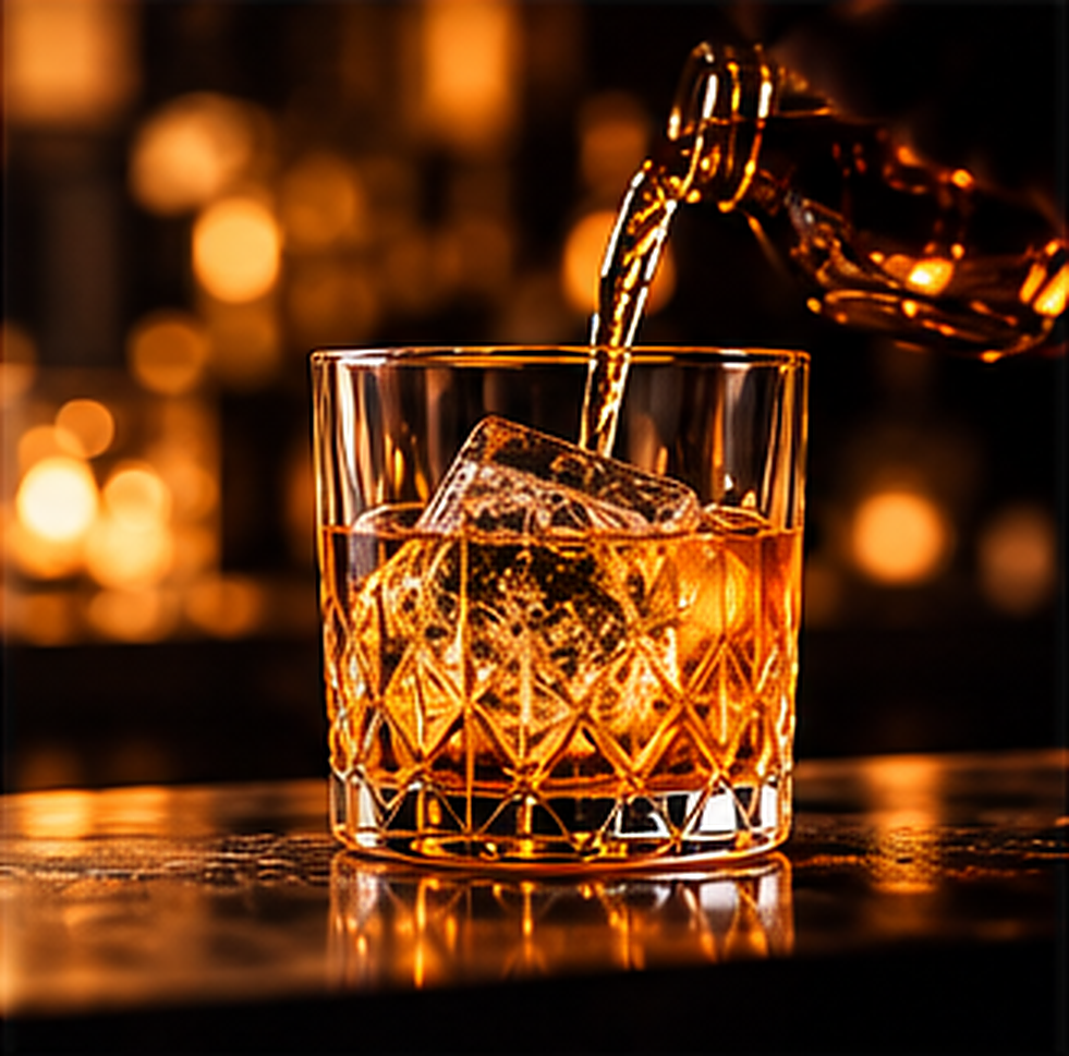 琥珀色威士忌倒入冰杯